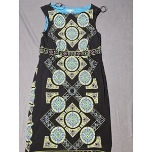 Sandra Darren Dress Womens 10 Green Black Blue Geometric Sleeveless Mid Length